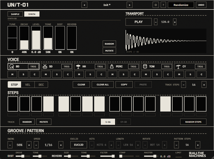 Interface du plugin UN/T-01 d'All The Machines avec ses six pistes et son séquenceur à cases
