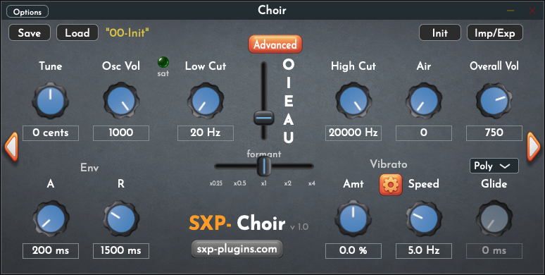 La fenêtre complète du plugin Choir de SXP Plugins avec ses curseurs X et Y, son LFO et ses jeux de formants
