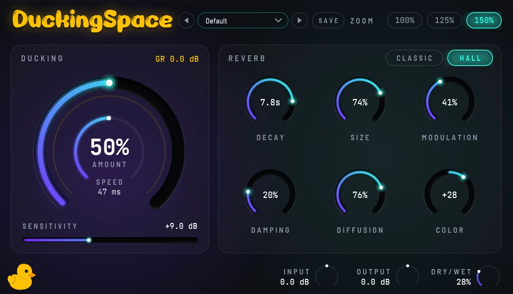 Interface de DuckingSpace 1.1 avec sa grande molette de ducking, ses six boutons de réverbération et le sélecteur CLASSIC ou HALL