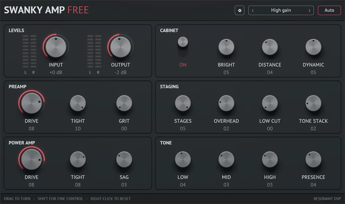 Interface complète de Swanky Amp Free 2 avec ses sections préampli, ampli de puissance, tonalité et baffle