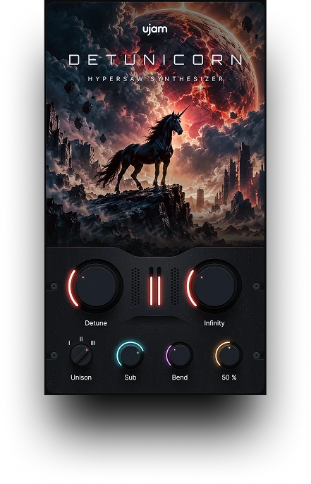 Interface complète du synthétiseur DETUNICORN de UJAM avec ses six gros boutons