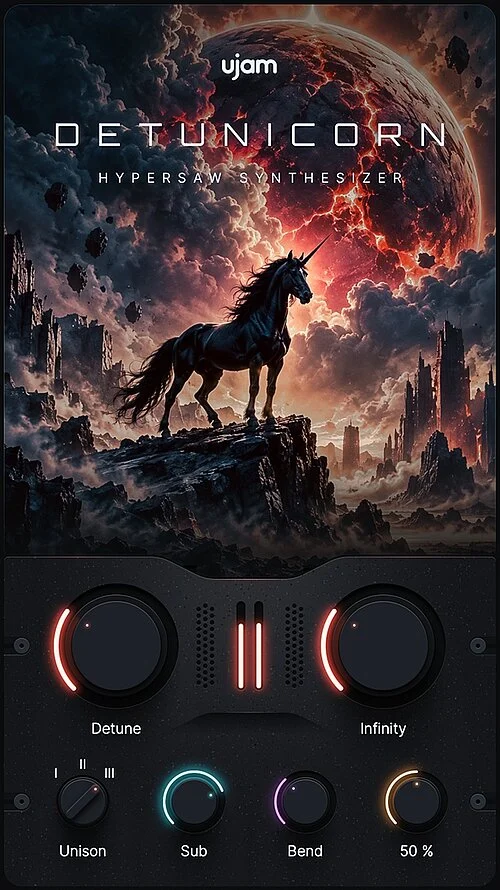 Vue de l'interface DETUNICORN avec les boutons Big, Detune, Sub, Bend, Bite et Infinity