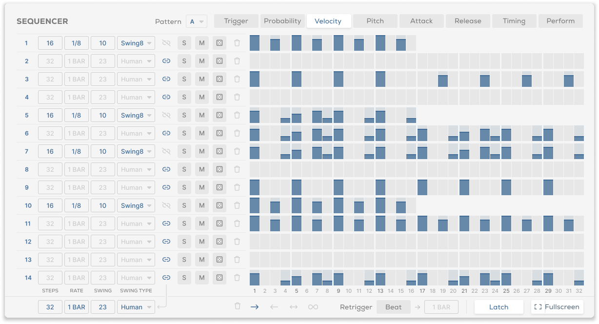 Le séquenceur pas à pas de Bloom Drum Machine, réservé à la version complète
