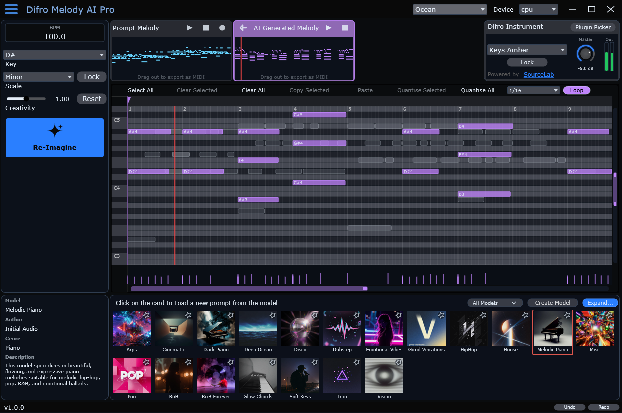 Interface principale de Difro 2 avec le piano roll et les commandes de génération