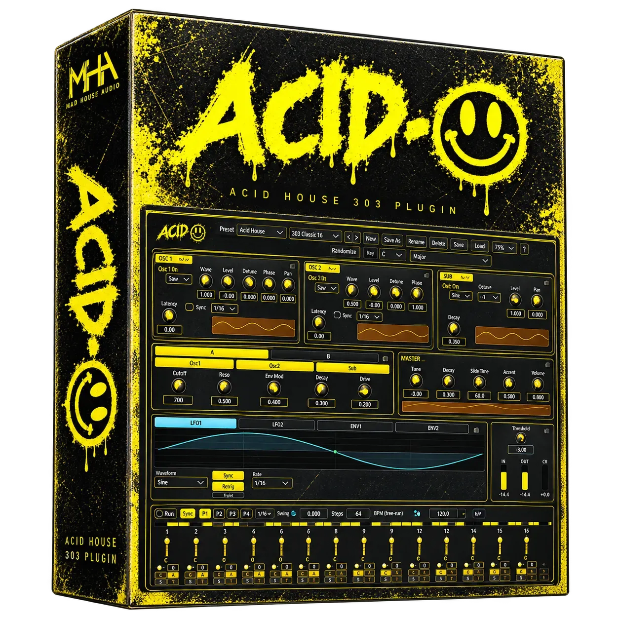 Visuel officiel d'ACID-O, jaune sur fond noir, montrant l'interface du plugin