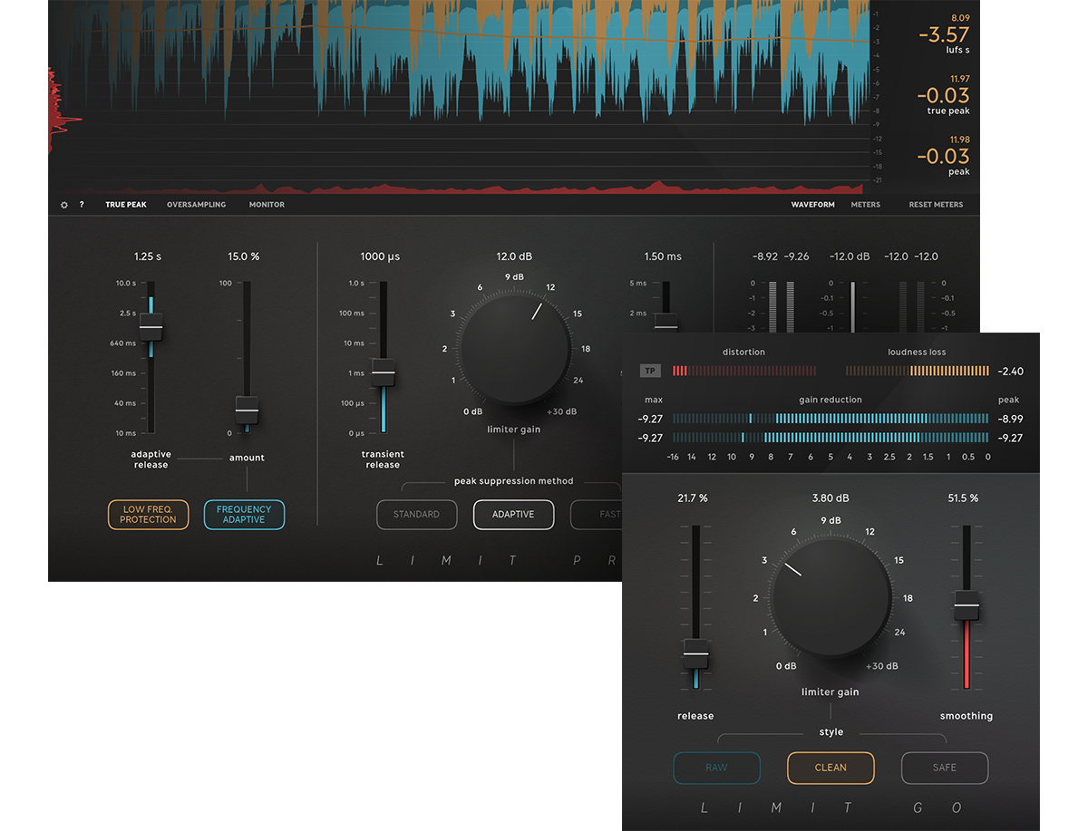 Interfaces des plugins Limit Pro et Limit Go de Softube côte à côte
