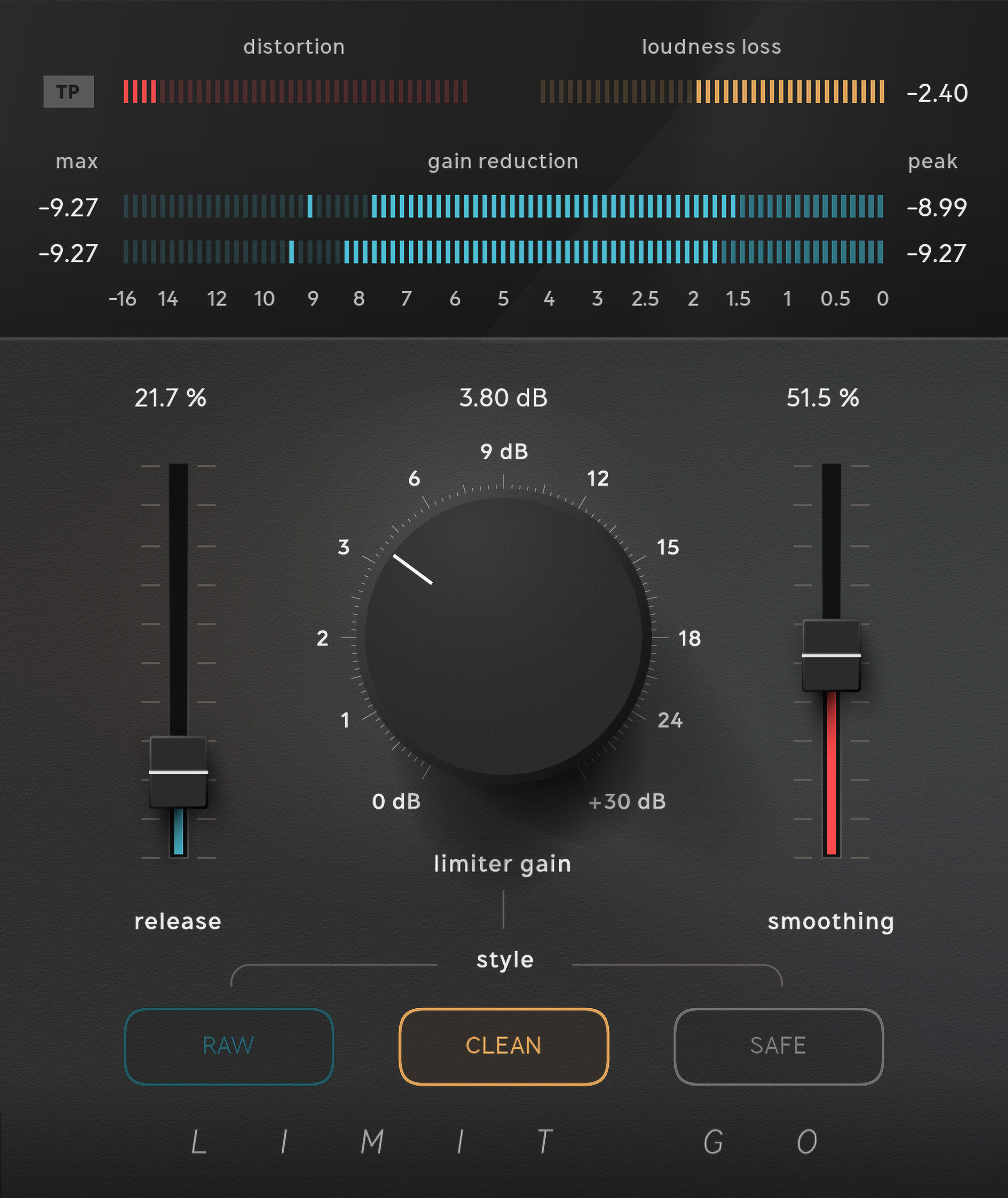 Interface simplifiée du plugin Limit Go de Softube avec ses trois styles