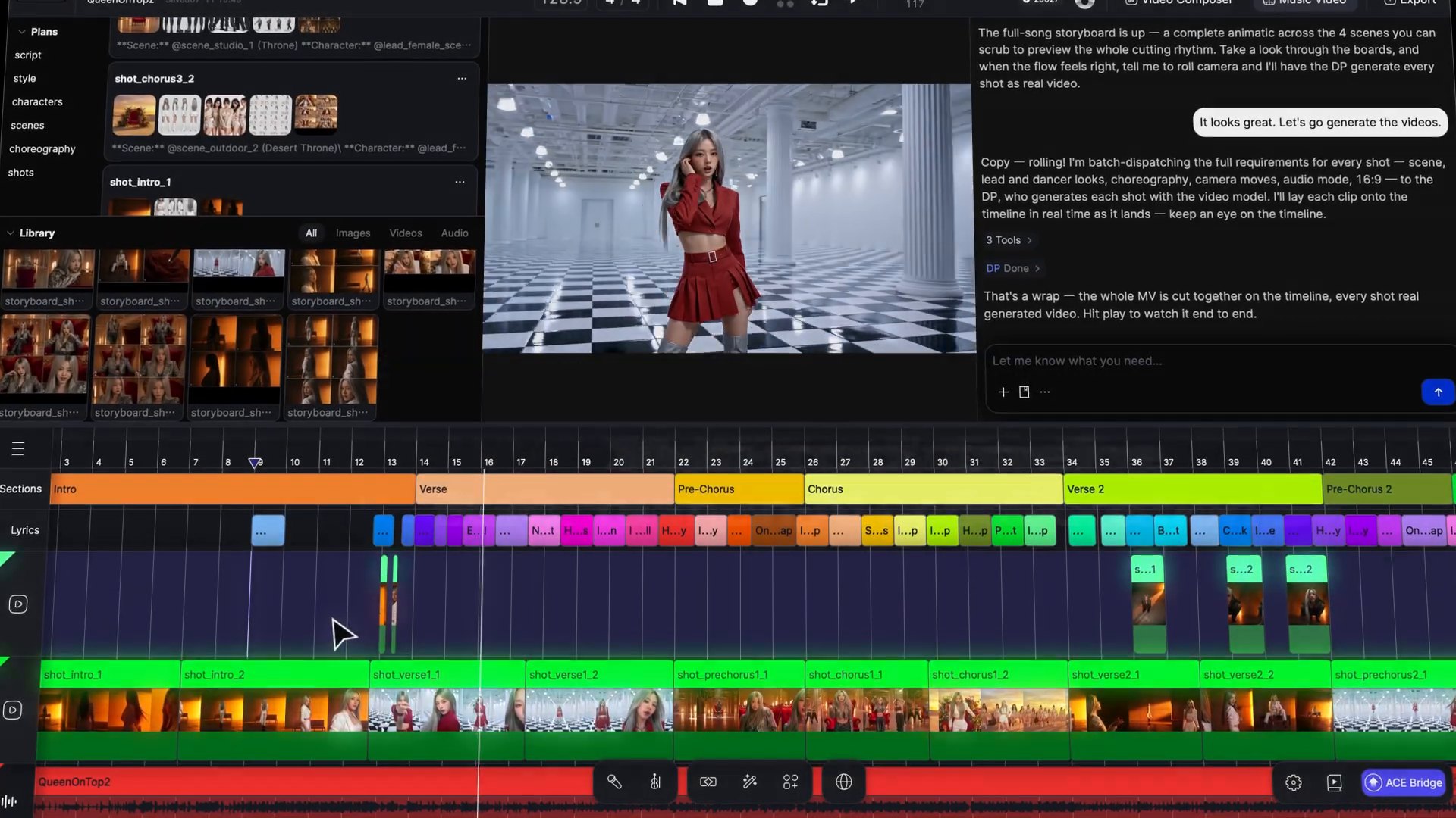 Interface de la fonction AI Music Video dans ACE Studio : la frise du morceau, le storyboard et l'aperçu du clip