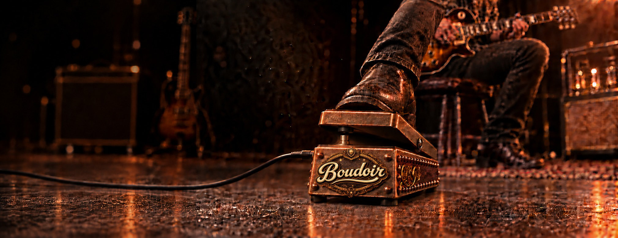 Visuel officiel du plugin Boudoir de Platinum Samples, pédale wah et chaîne d'ampli