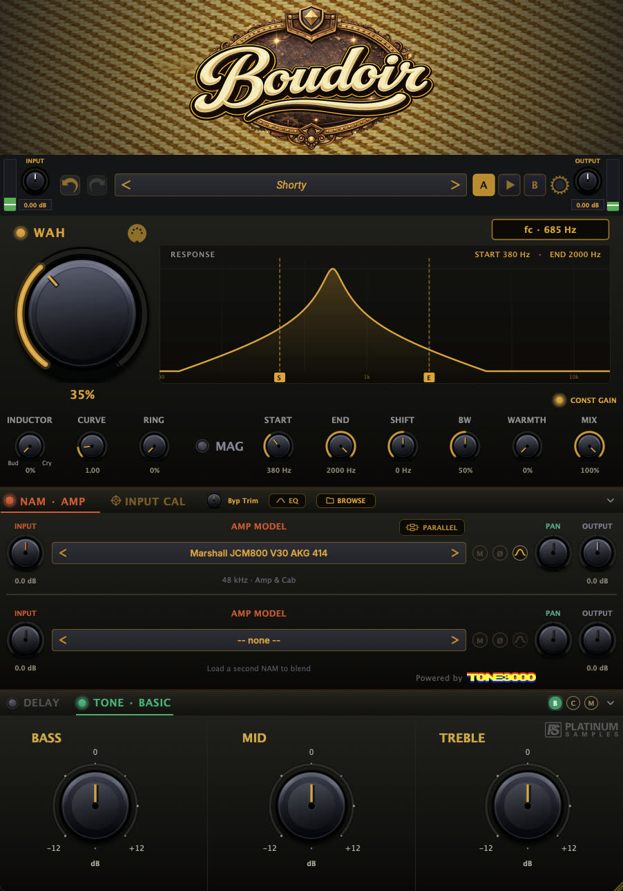 Fenêtre complète du plugin Boudoir avec la section wah, les deux emplacements d'ampli, le délai et l'égaliseur