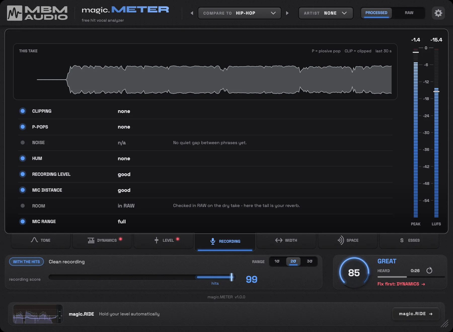 L'onglet Recording de magic.METER avec ses contrôles de qualité d'enregistrement