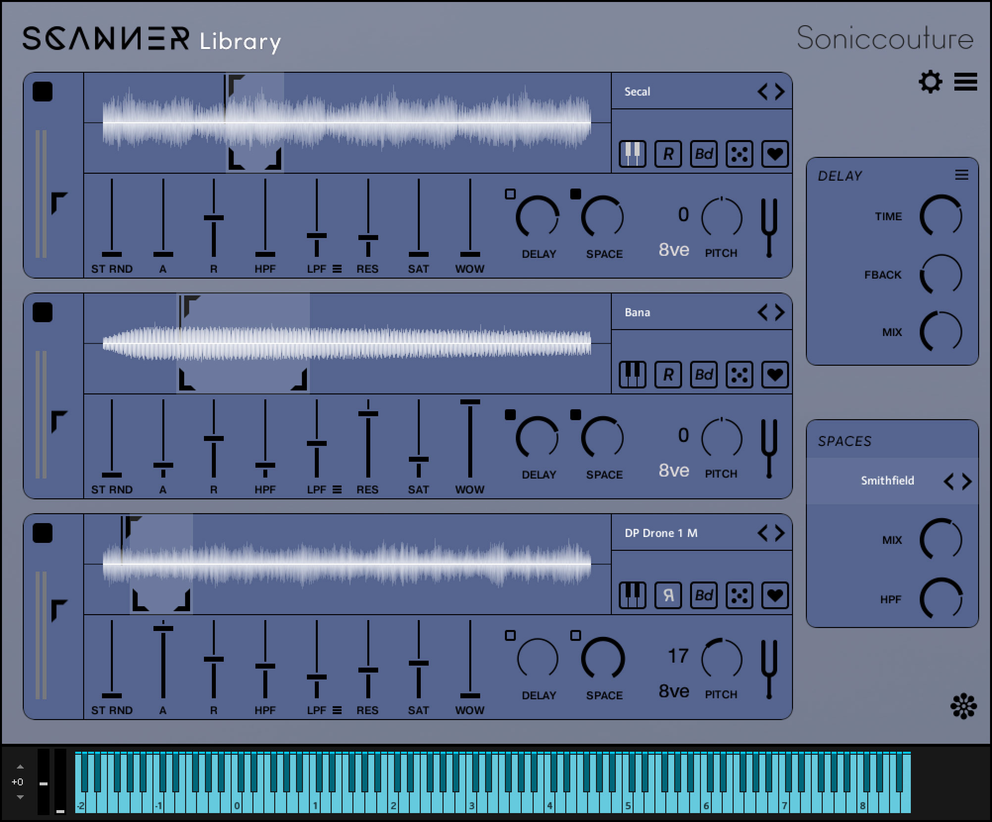 Interface de Scanner: Library dans Kontakt, avec ses trois modules de lecture et leurs réglages