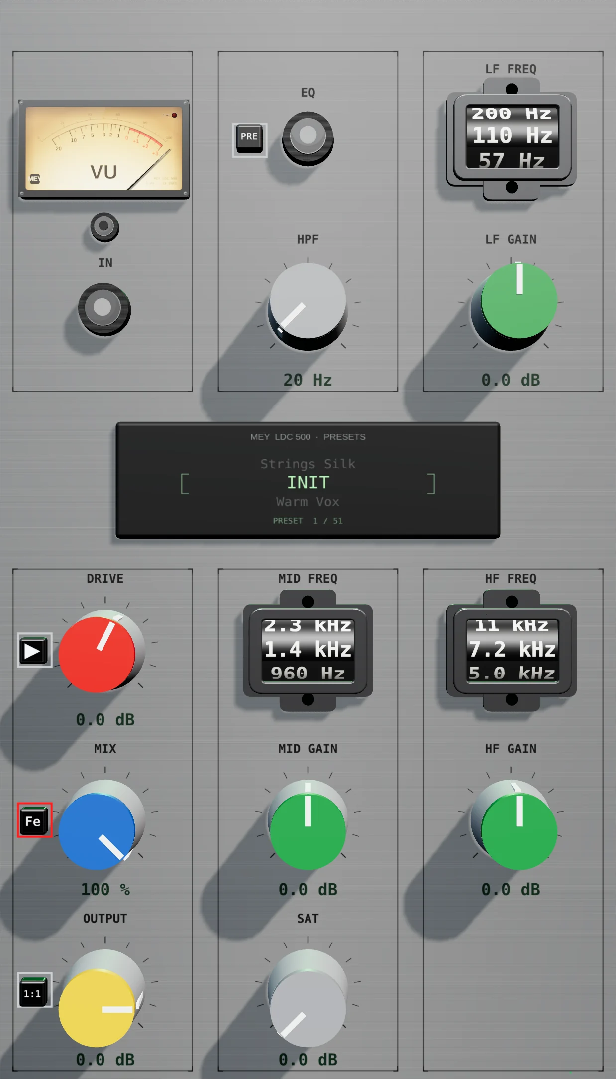 Façade du plugin MEY LDC 500 V2 avec son VU-mètre, ses touches Fe, 1:1 et PRE, ses molettes de fréquence et son afficheur de presets