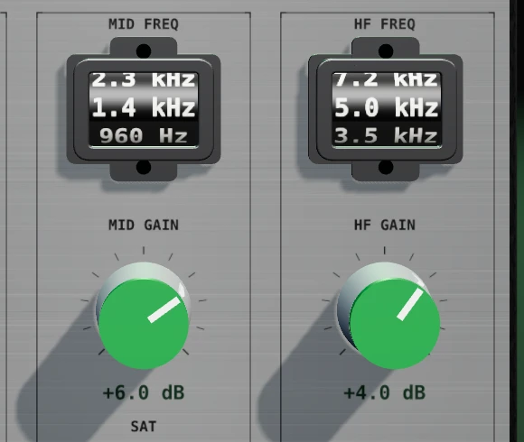 Gros plan sur les bandes médium et aigu du MEY LDC 500 V2 avec les molettes de fréquence et les boutons de gain