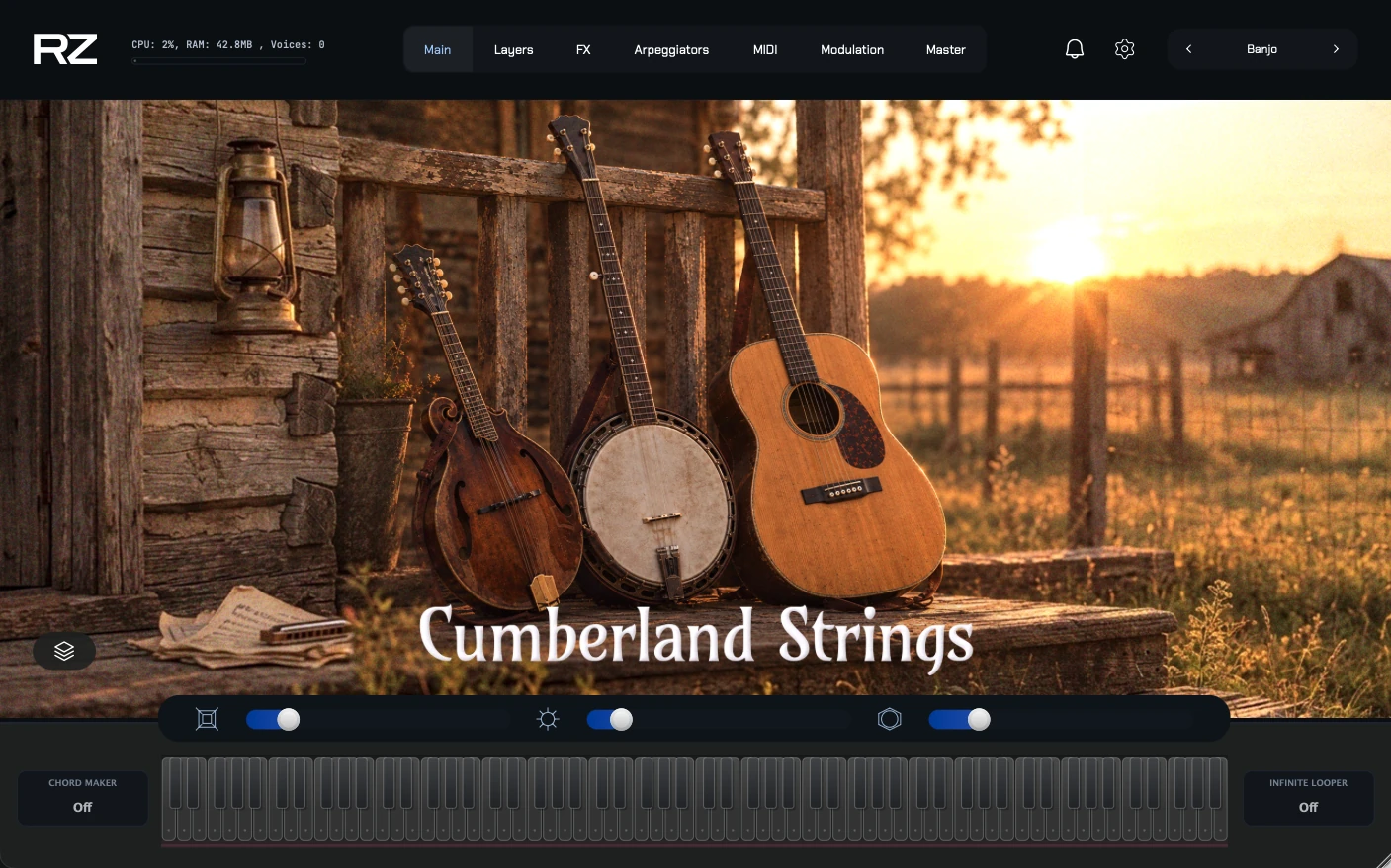 Interface de Cumberland Strings ouverte dans le Raizes Player de Zak Sound