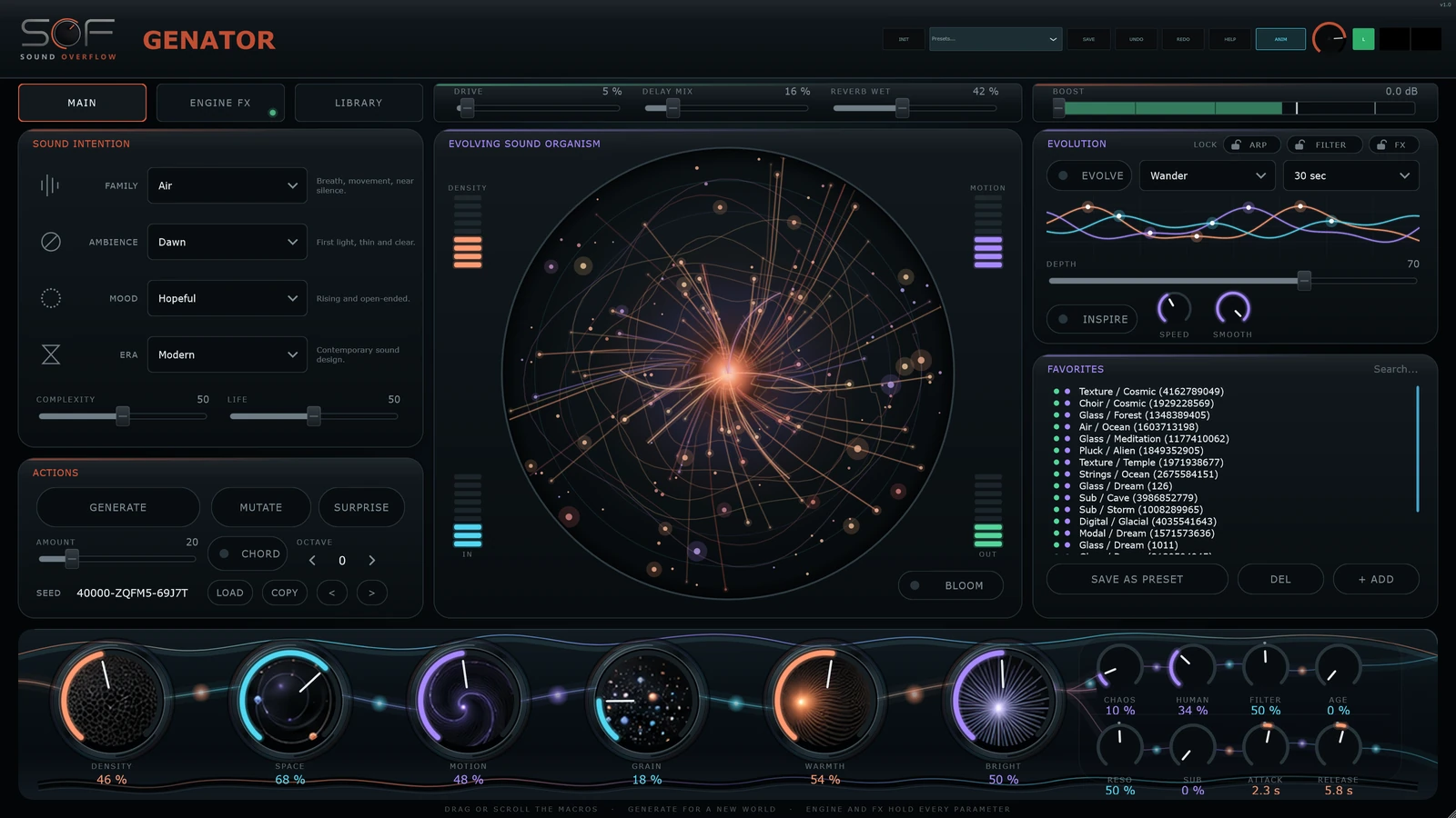 Interface principale du synthétiseur Genator de Sound Overflow avec ses quatre menus d'intention et ses quatorze macros
