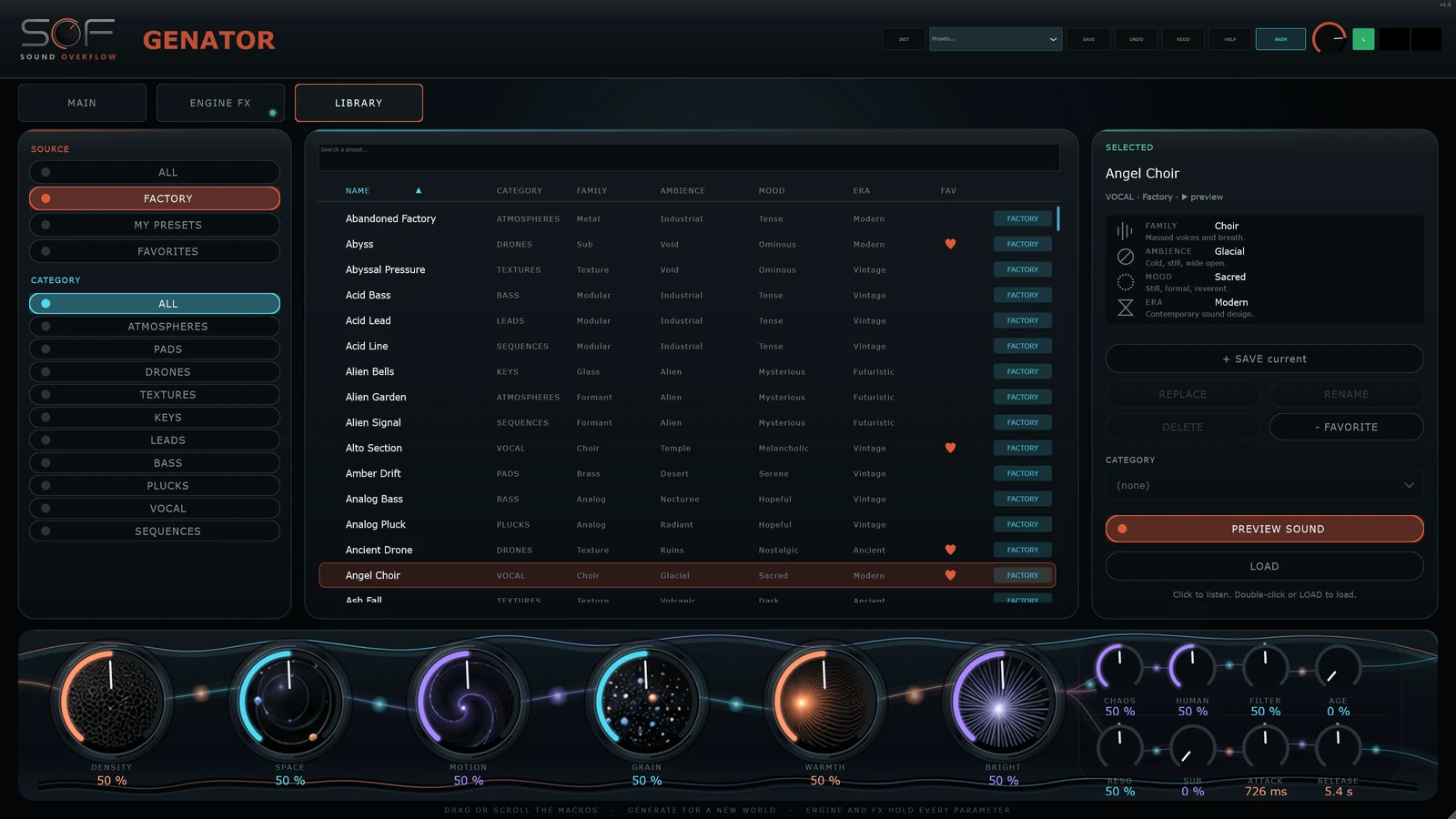 Bibliothèque de presets de Genator avec ses catégories et ses favoris