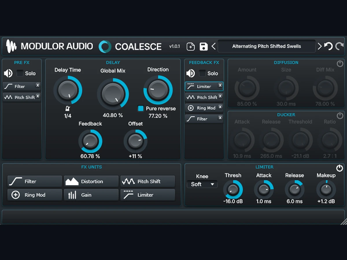 Façade complète du plugin de delay Coalesce de Modulor Audio