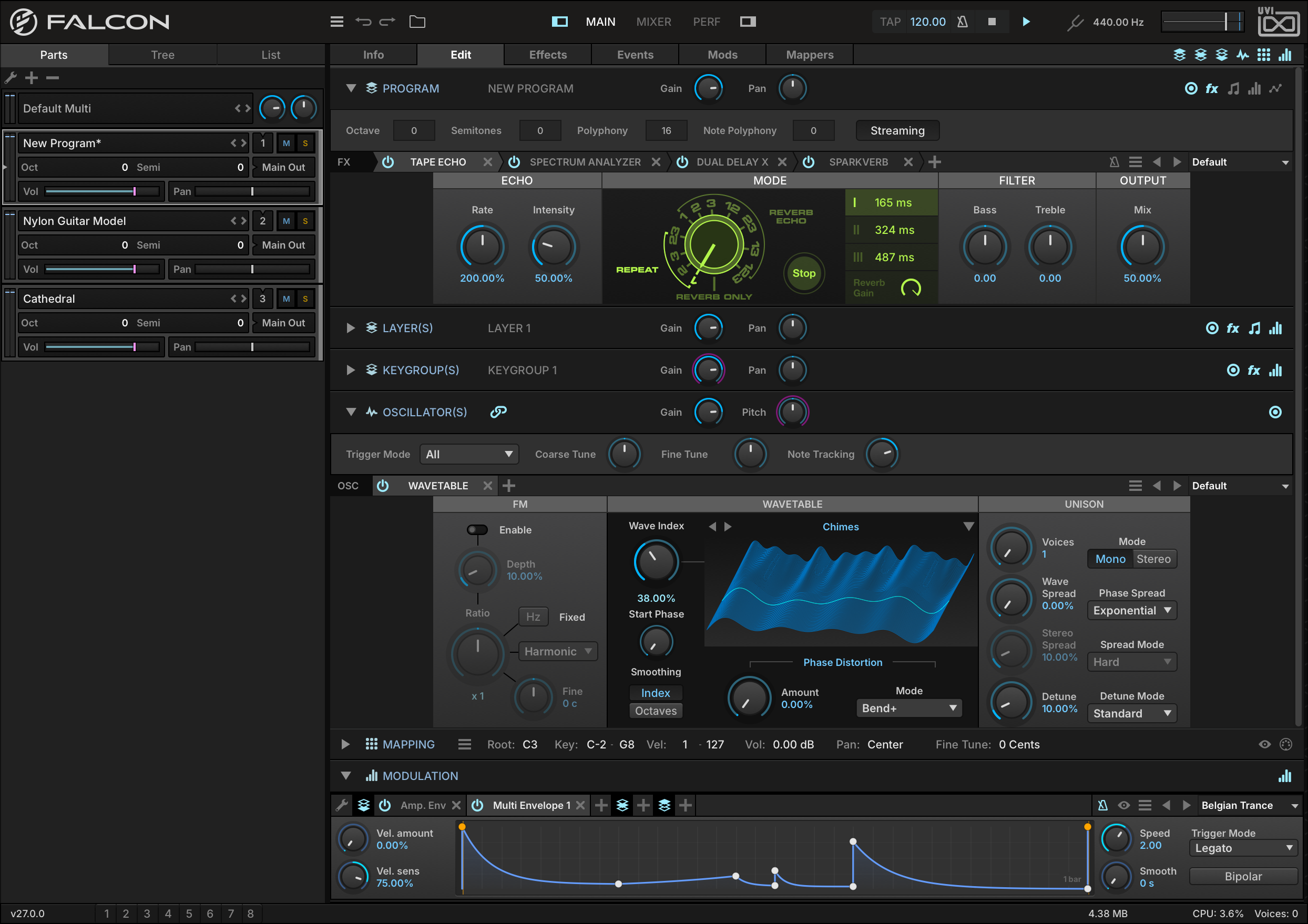 Interface du synthétiseur virtuel UVI Falcon avec ses modules empilés