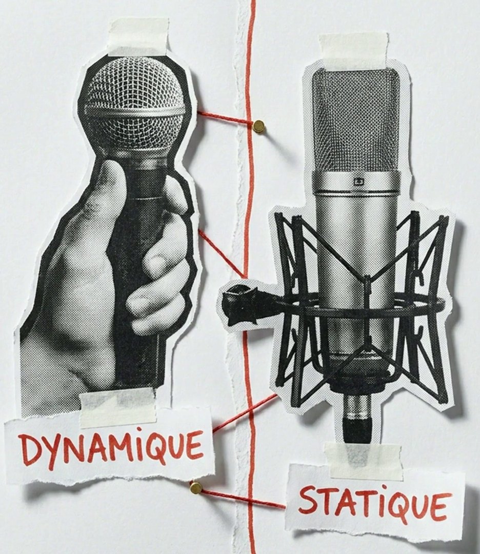 Tirage photo de la vidéo : un micro dynamique tenu en main à gauche et un micro statique dans sa suspension à droite