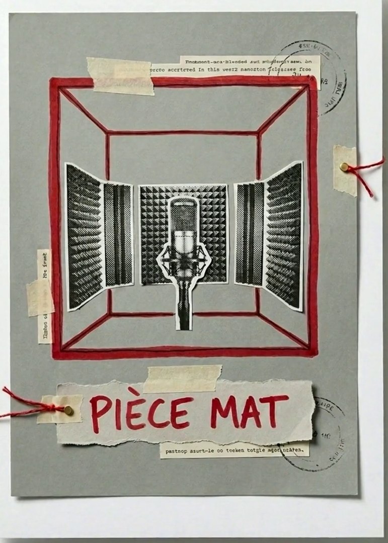 Tirage photo de la vidéo : un micro statique entouré de panneaux de mousse acoustique dans une pièce dessinée, avec l'étiquette « pièce mat »
