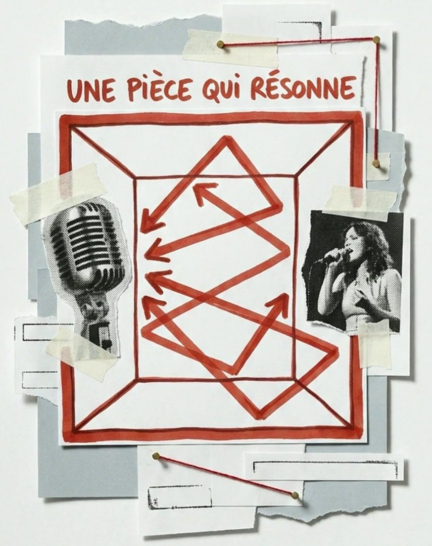 Tirage photo de la vidéo : un micro et une chanteuse dans une pièce dessinée, le son rebondit sur les murs sous forme de flèches rouges