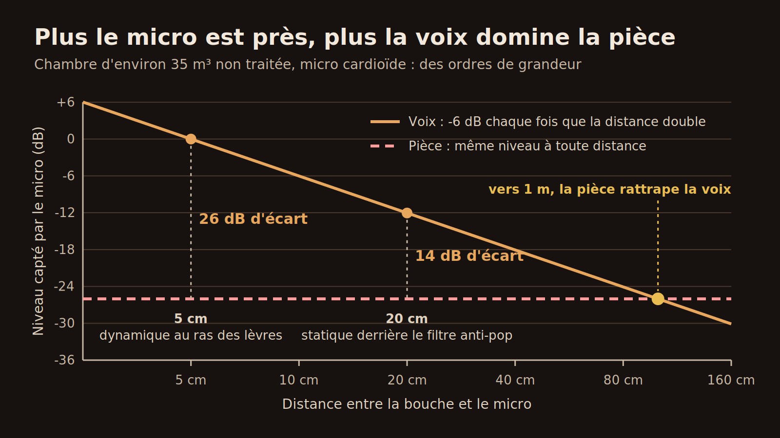 Courbe du niveau de la voix qui perd 6 dB à chaque doublement de la distance face au niveau constant de la pièce, avec les repères 5 cm, 20 cm et 1 m