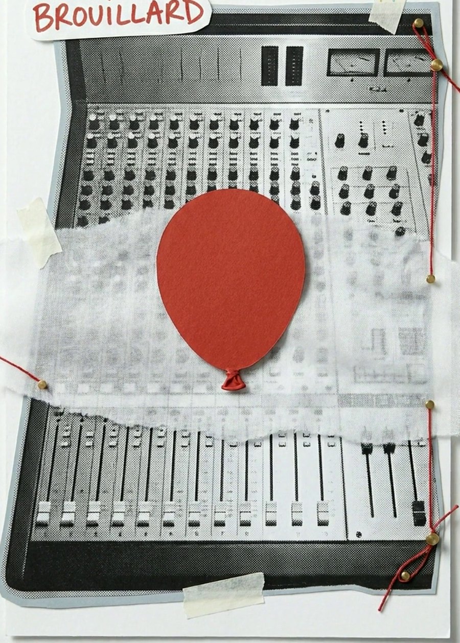 Console de mixage sous un voile de calque avec un ballon rouge et le mot brouillard