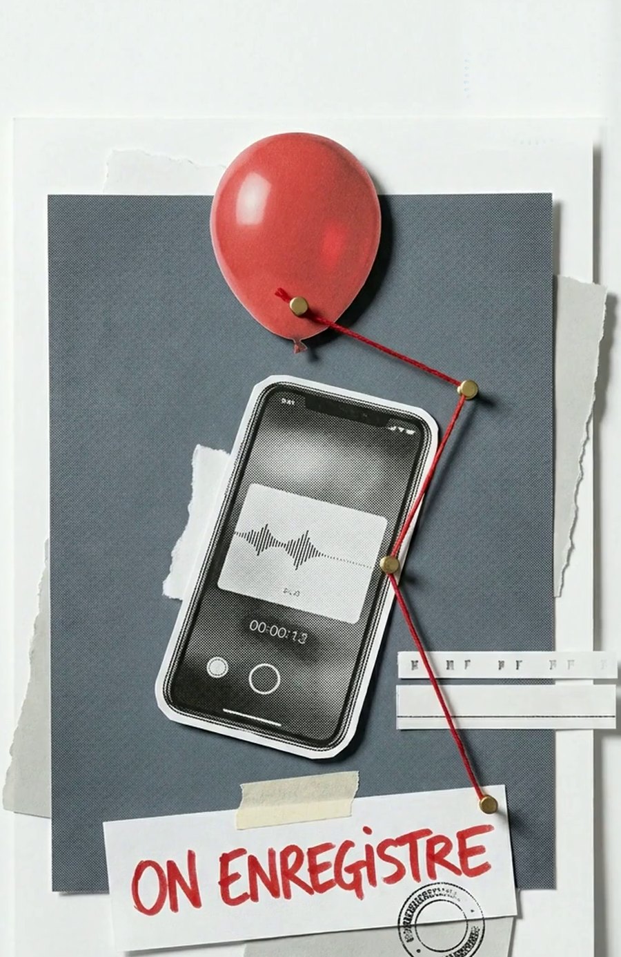 Ballon rouge relié par un fil à un téléphone qui enregistre