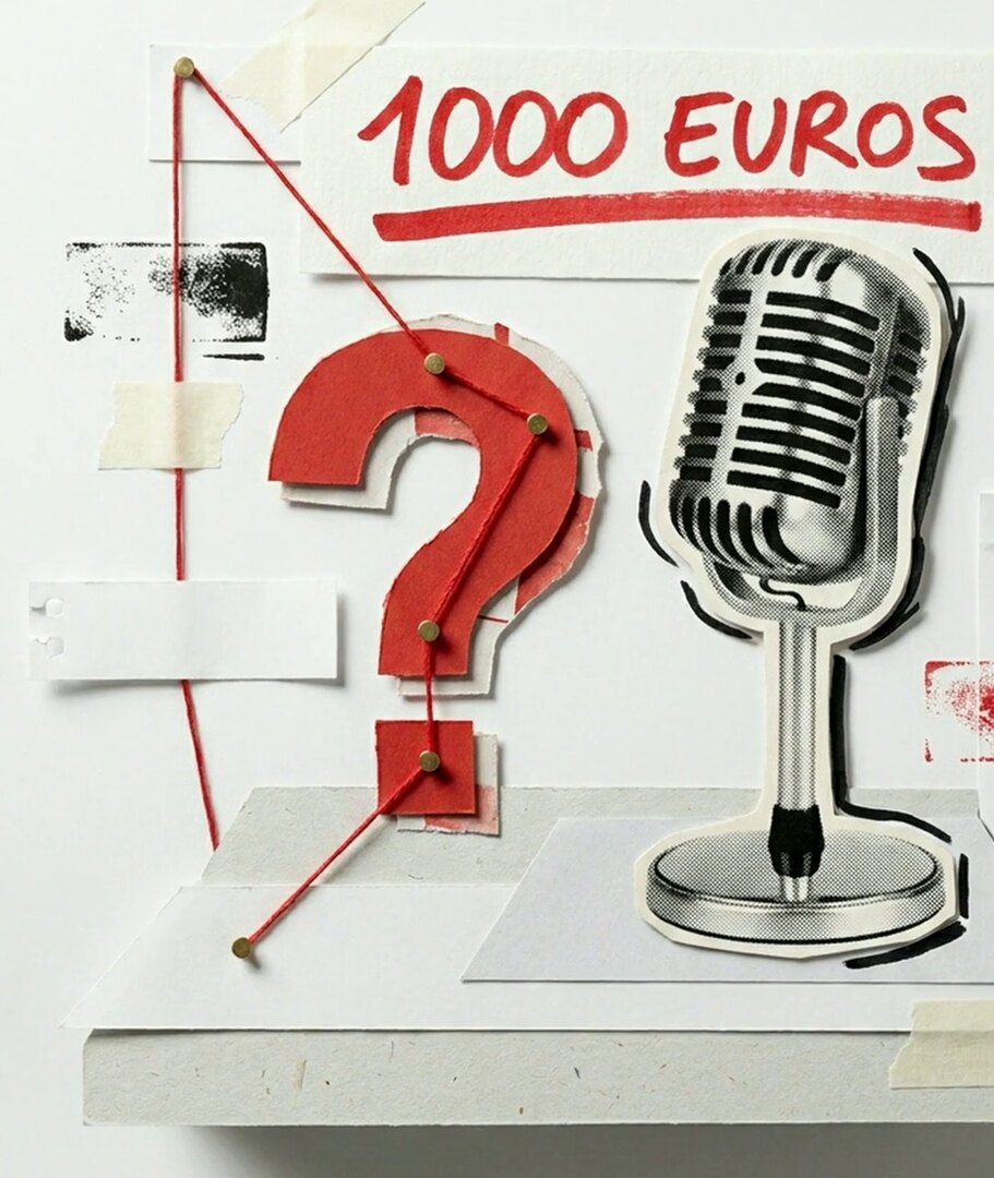 Tirage photo de la vidéo : un micro vintage découpé, un grand point d'interrogation rouge et l'inscription 1000 euros