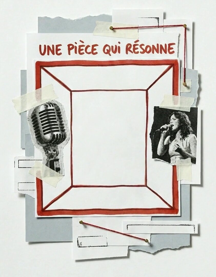 Tirage photo de la vidéo : une pièce dessinée au feutre rouge avec un micro d'un côté et une chanteuse de l'autre, sous le titre une pièce qui résonne