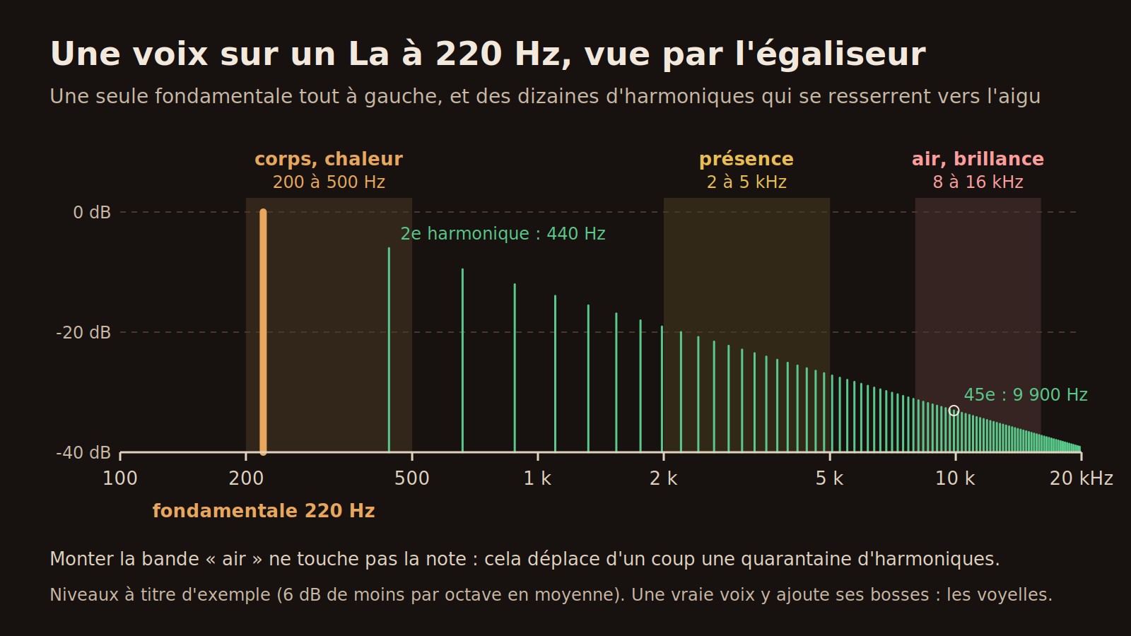 Schéma : les harmoniques d'une voix sur un La à 220 Hz réparties sur l'échelle logarithmique d'un égaliseur, avec les zones corps, présence et air
