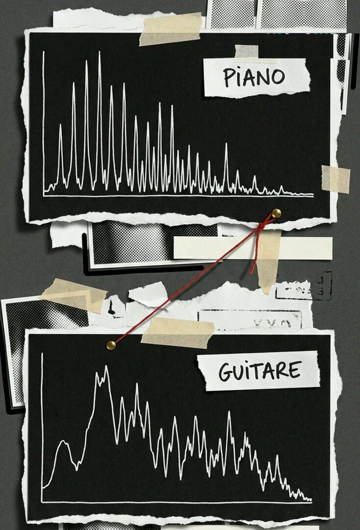 Tirage photo de la vidéo : deux spectres dessinés à la main, celui d'un piano et celui d'une guitare, avec des pics de hauteurs différentes