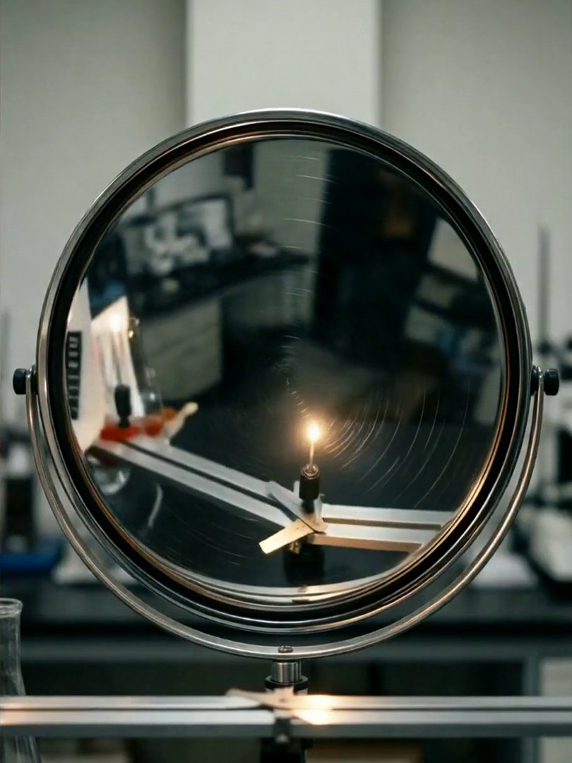 Petite flamme de gaz sur un support de laboratoire, reflétée dans un grand miroir rond monté sur un axe