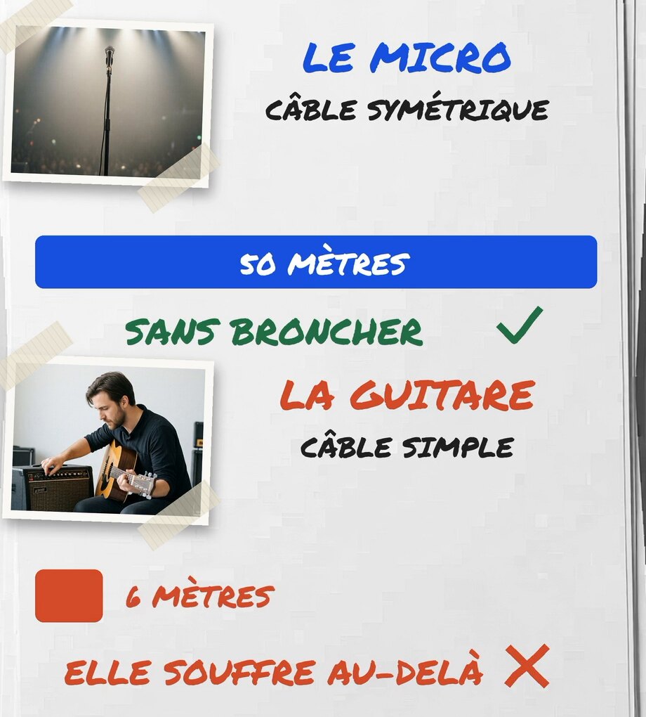 Tirage photo de la vidéo : un micro sur scène tient 50 mètres de câble symétrique, une guitare sur câble simple souffre au-delà de 6 mètres