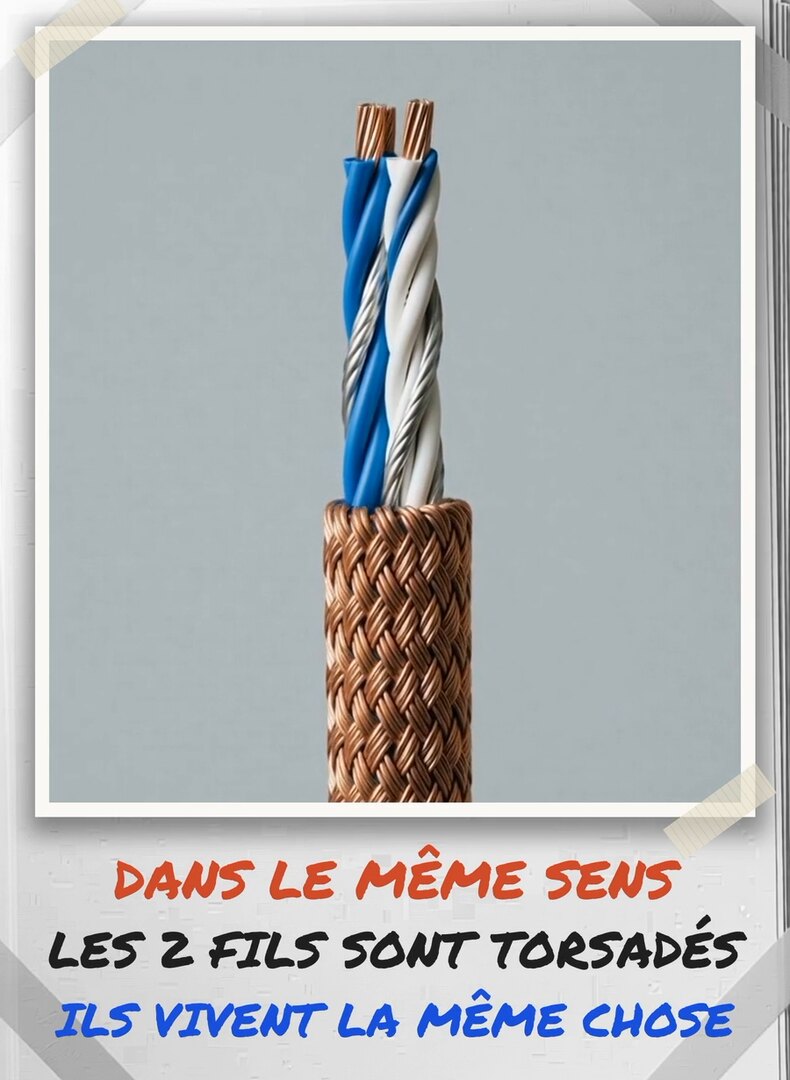 Tirage photo de la vidéo : un câble symétrique dénudé, deux fils torsadés bleu et blanc sortant d'un blindage tressé en cuivre