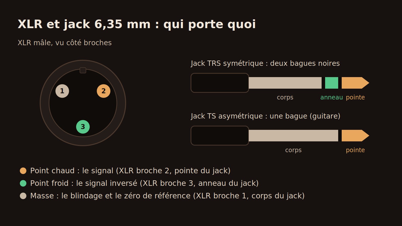 Schéma : XLR mâle vu côté broches avec la broche 1 masse, la broche 2 point chaud et la broche 3 point froid, puis comparaison entre un jack TRS à deux bagues et un jack TS à une bague