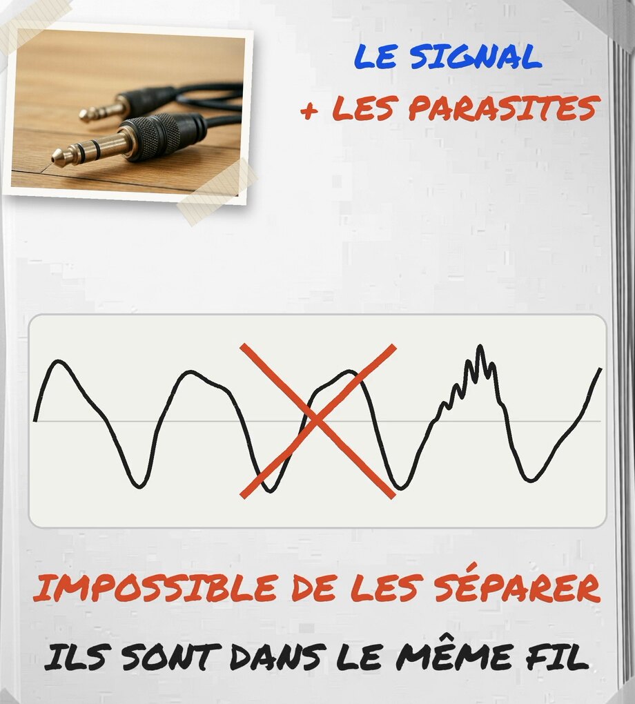 Tirage photo de la vidéo : un jack asymétrique et une courbe où le signal et les parasites se mélangent dans le même fil