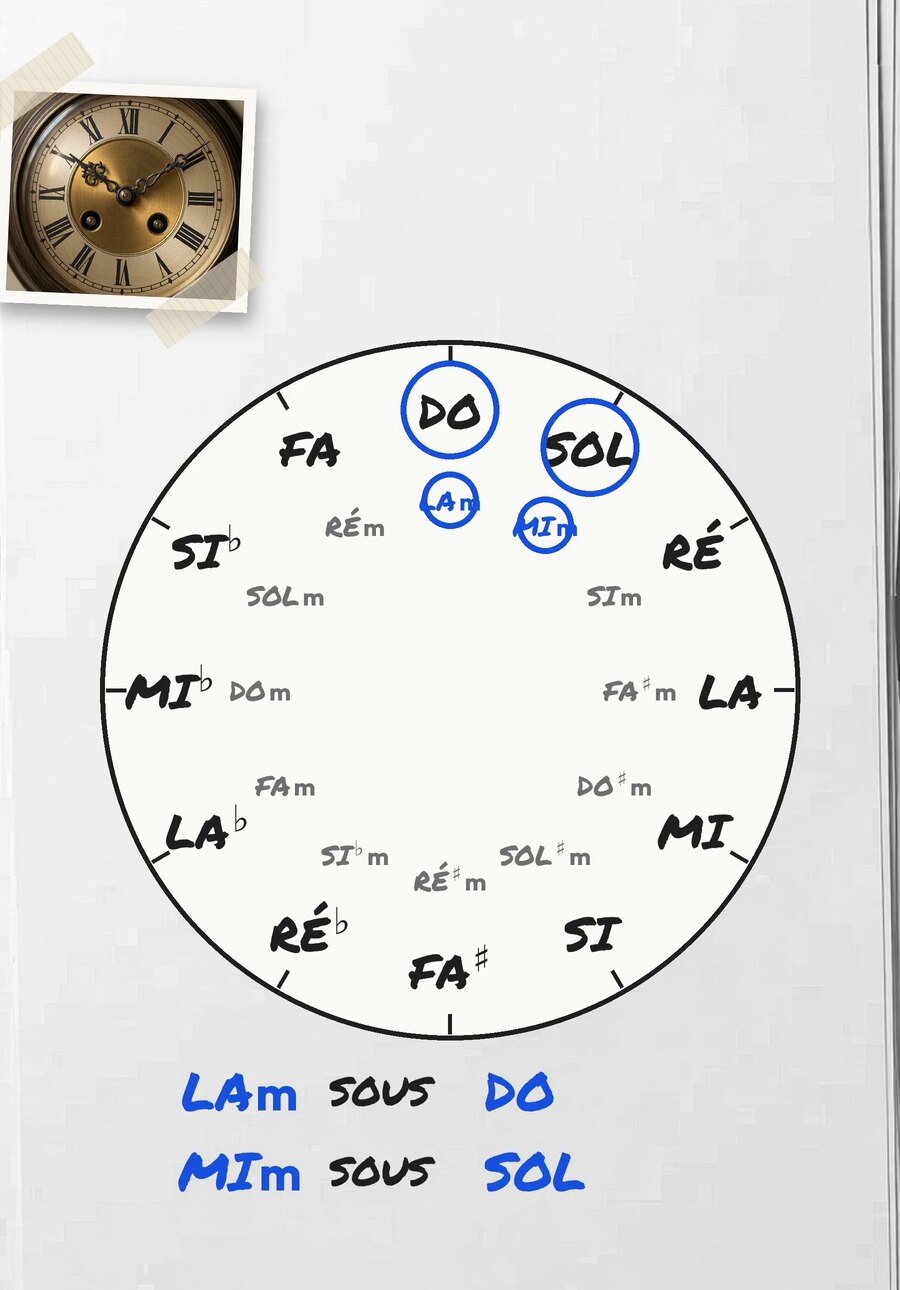 Tirage photo de la vidéo : la roue avec les douze accords mineurs écrits à l'intérieur, la mineur sous do et mi mineur sous sol entourés en bleu