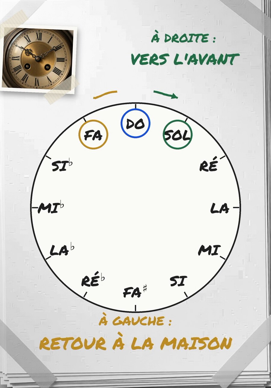 Tirage photo de la vidéo : la roue des douze notes avec fa, do et sol entourés, une flèche vers la droite annotée vers l'avant et une flèche vers la gauche annotée retour à la maison