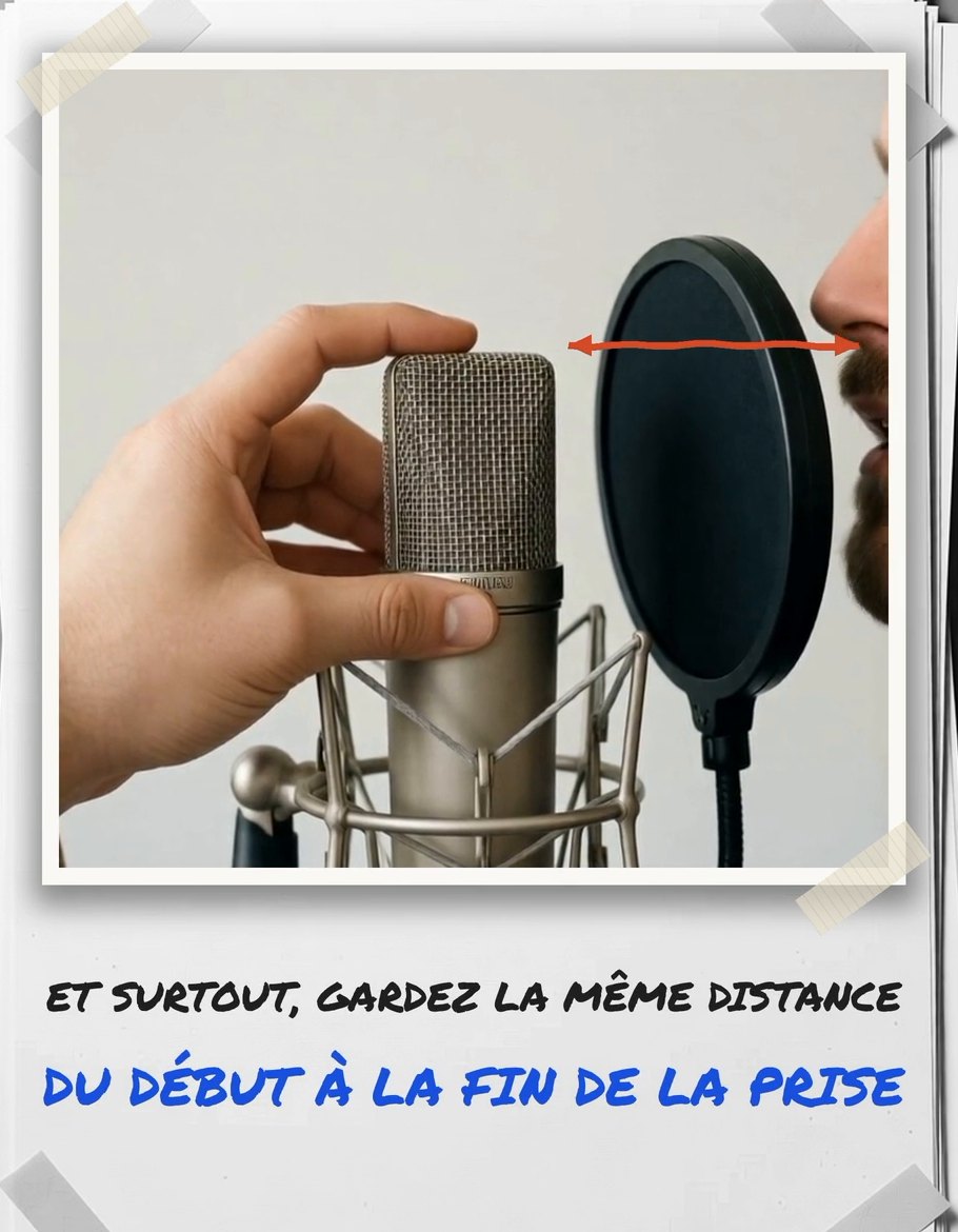 Main tenant un micro statique à côté d'un filtre anti-pop, avec une flèche qui marque la distance jusqu'à la bouche du chanteur