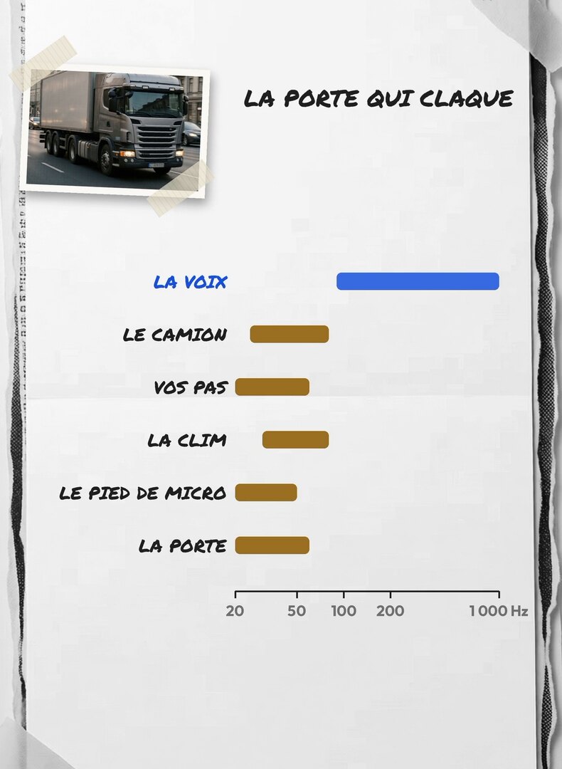Tirage photo de la vidéo : sur une échelle de 20 à 1 000 Hz, la barre de la voix s'étale au-dessus de 100 Hz tandis que le camion, les pas, la clim, le pied de micro et la porte occupent la zone de 20 à 70 Hz