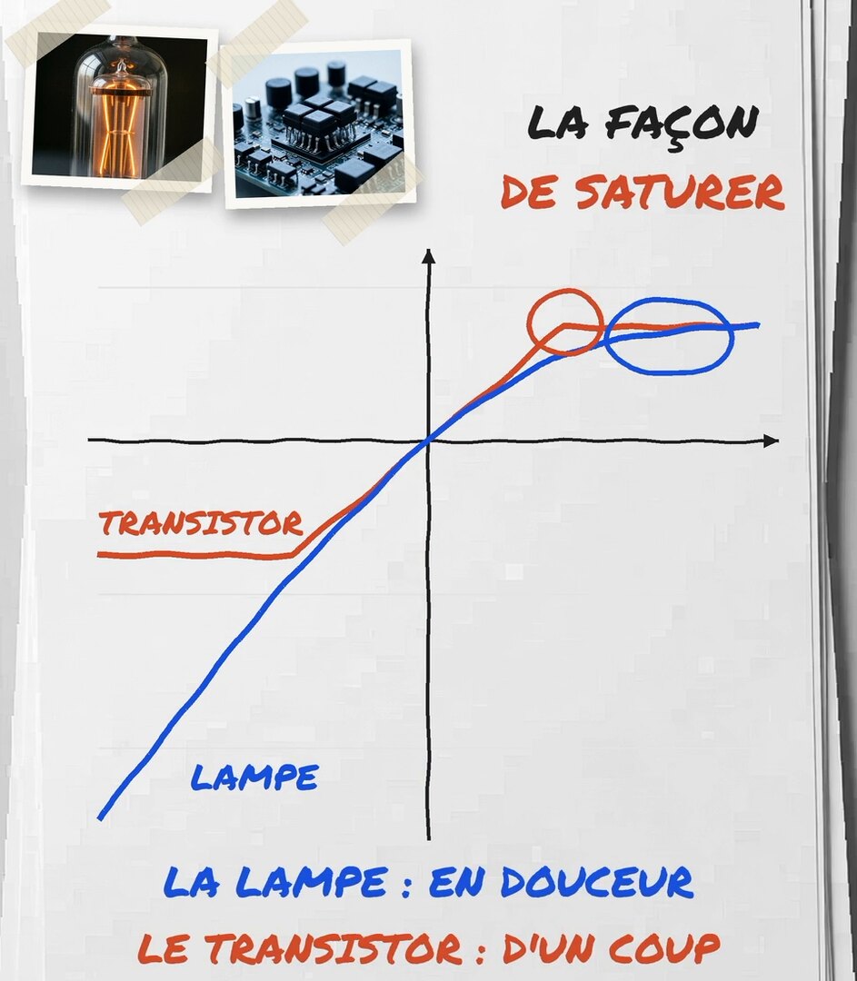 Tirage photo de la vidéo : deux courbes entrée-sortie qui se confondent au centre ; celle du transistor plafonne d'un coup en haut comme en bas, celle de la lampe s'arrondit en douceur en haut seulement
