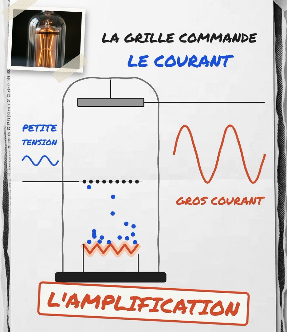 Tirage photo de la vidéo : une lampe dessinée avec la plaque en haut, la grille au milieu et le fil chauffé en bas ; une petite onde bleue sur la grille commande une grande onde rouge, au-dessus du mot l'amplification