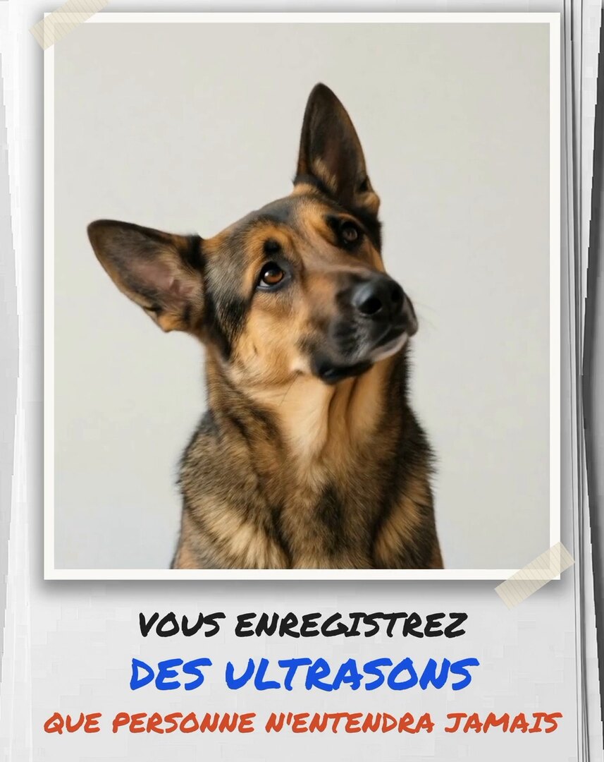 Tirage photo de la vidéo : un berger allemand qui penche la tête, avec la phrase vous enregistrez des ultrasons que personne n'entendra jamais